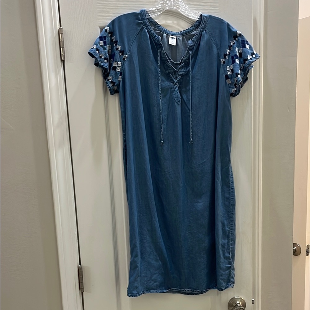 Old Navy Denim Blue Dress with Embroidered Sleeves
